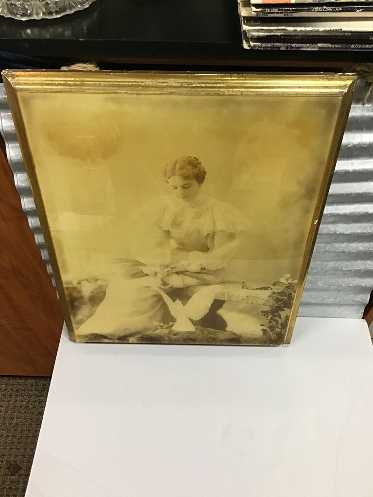 Antique Framed Photograph of a Woman with Doves