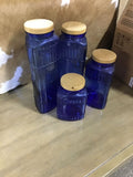 Set of Cobalt Blue Glass Storage Jars with Wooden Lids