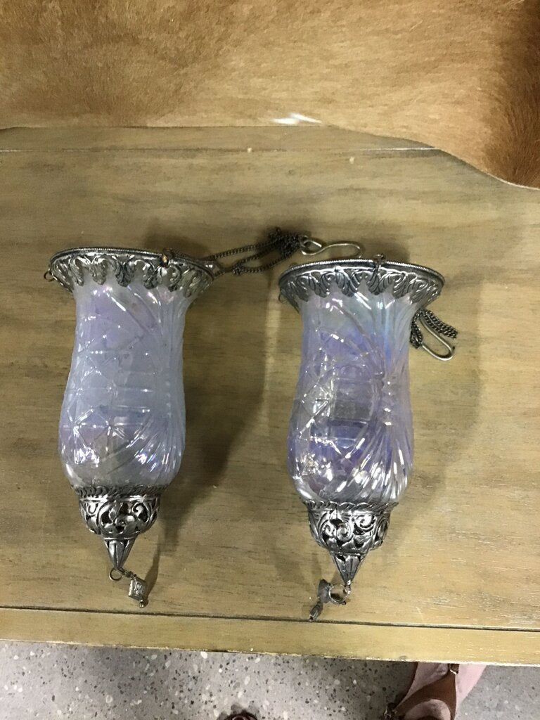 Vintage Iridescent Glass Vases with Silver Accents