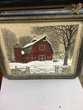 Framed Red Barn Winter Scene Artwork