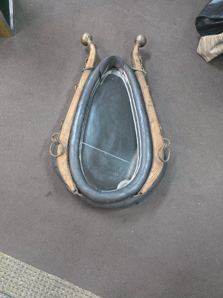 Vintage Oval Wall Mirror with Leather and Wood Frame