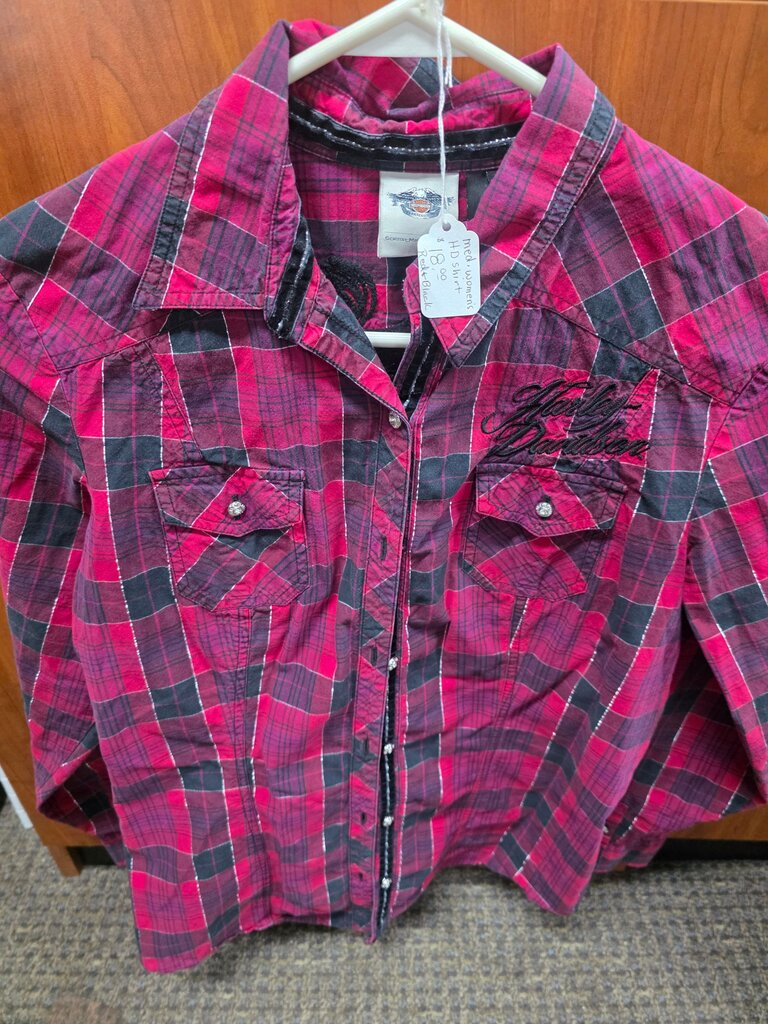 Women's Pink and Black Plaid Button-Up Shirt