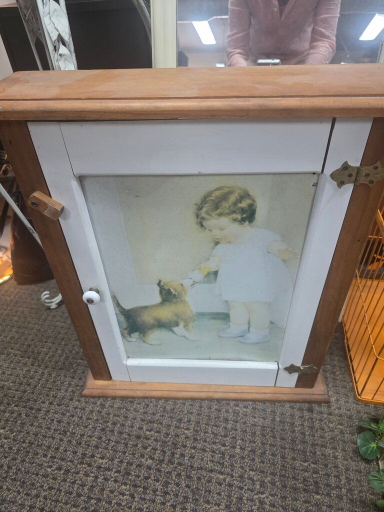 Antique Child and Dog Art Cabinet